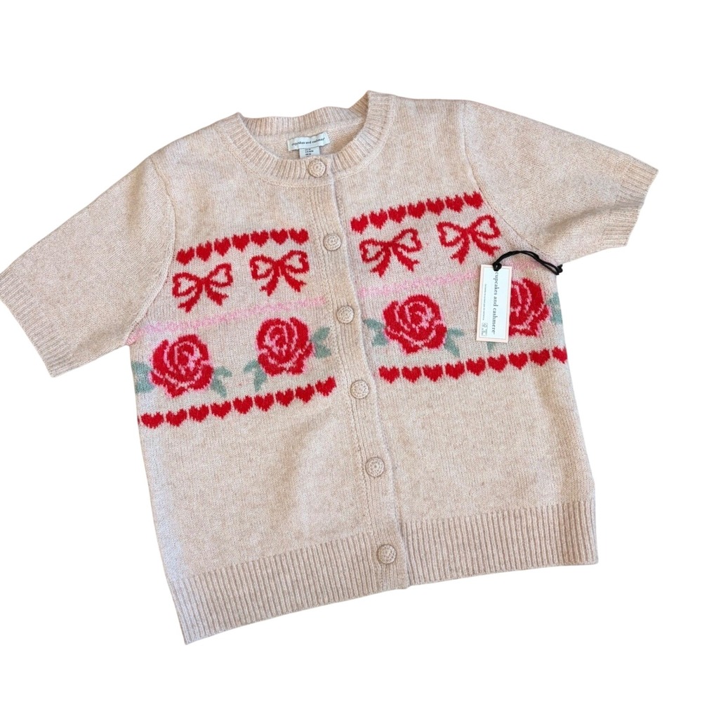 Cupcakes and Cashmere‎ Short Sleeve Cardigan M Hearts Roses Cottagecore Coquette